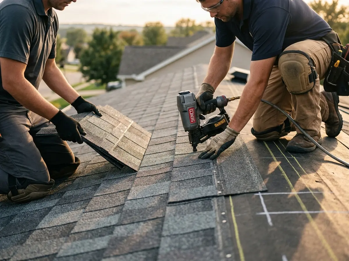 Professional roofer working on a residential roof in Sturgis